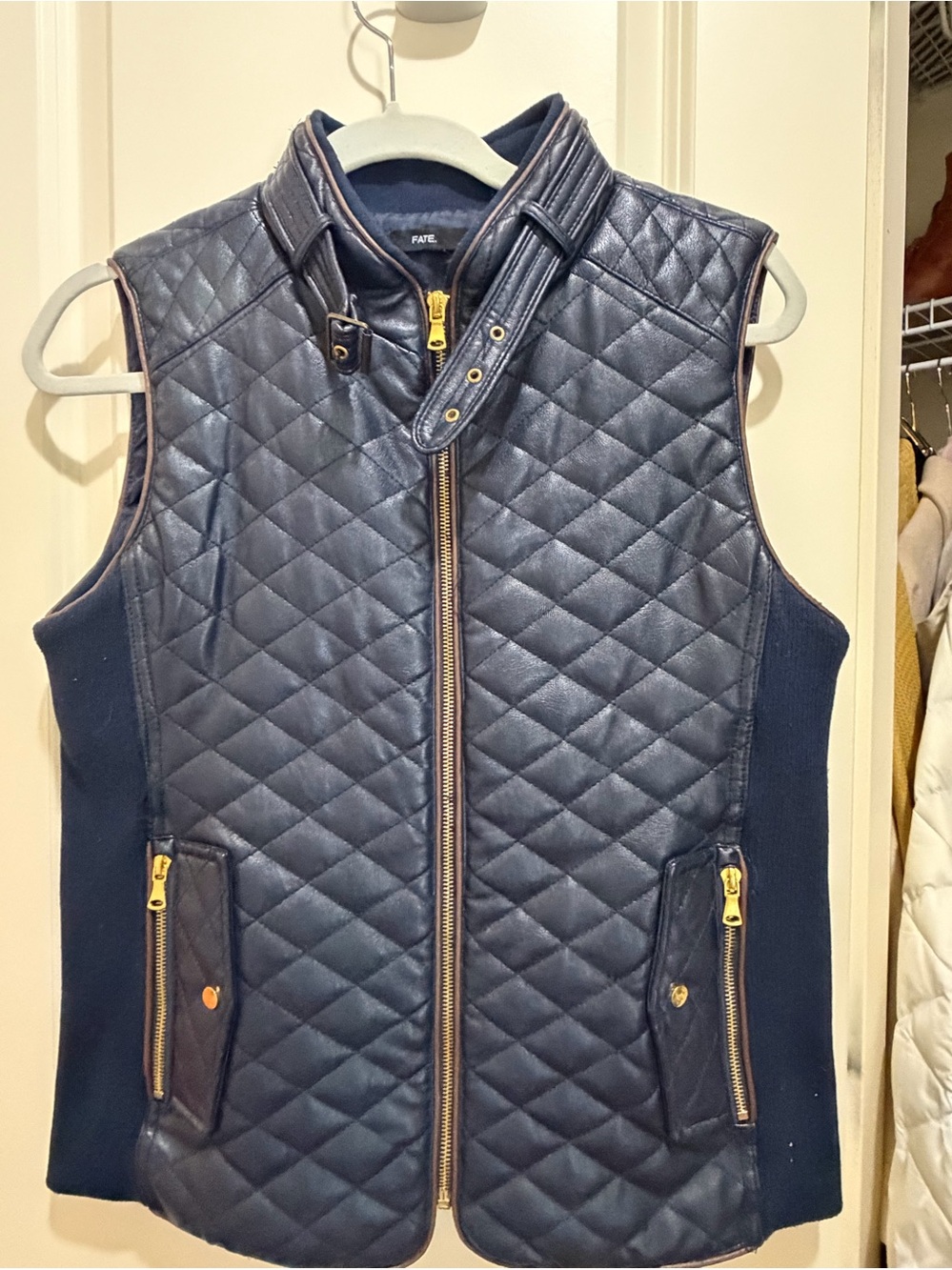 Fate Quilted Navy Zip-Front Vest with Gold Hardware